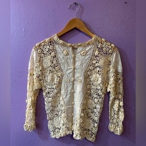 Vintage Handmade Irish Crochet Lace Cream Floral Cardigan